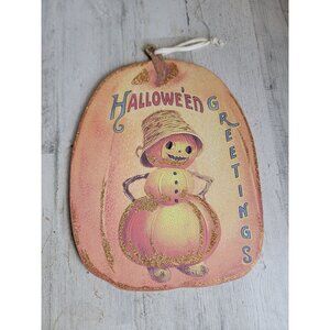 Vintage Halloween greetings pumpkin sign home decor hanging prop